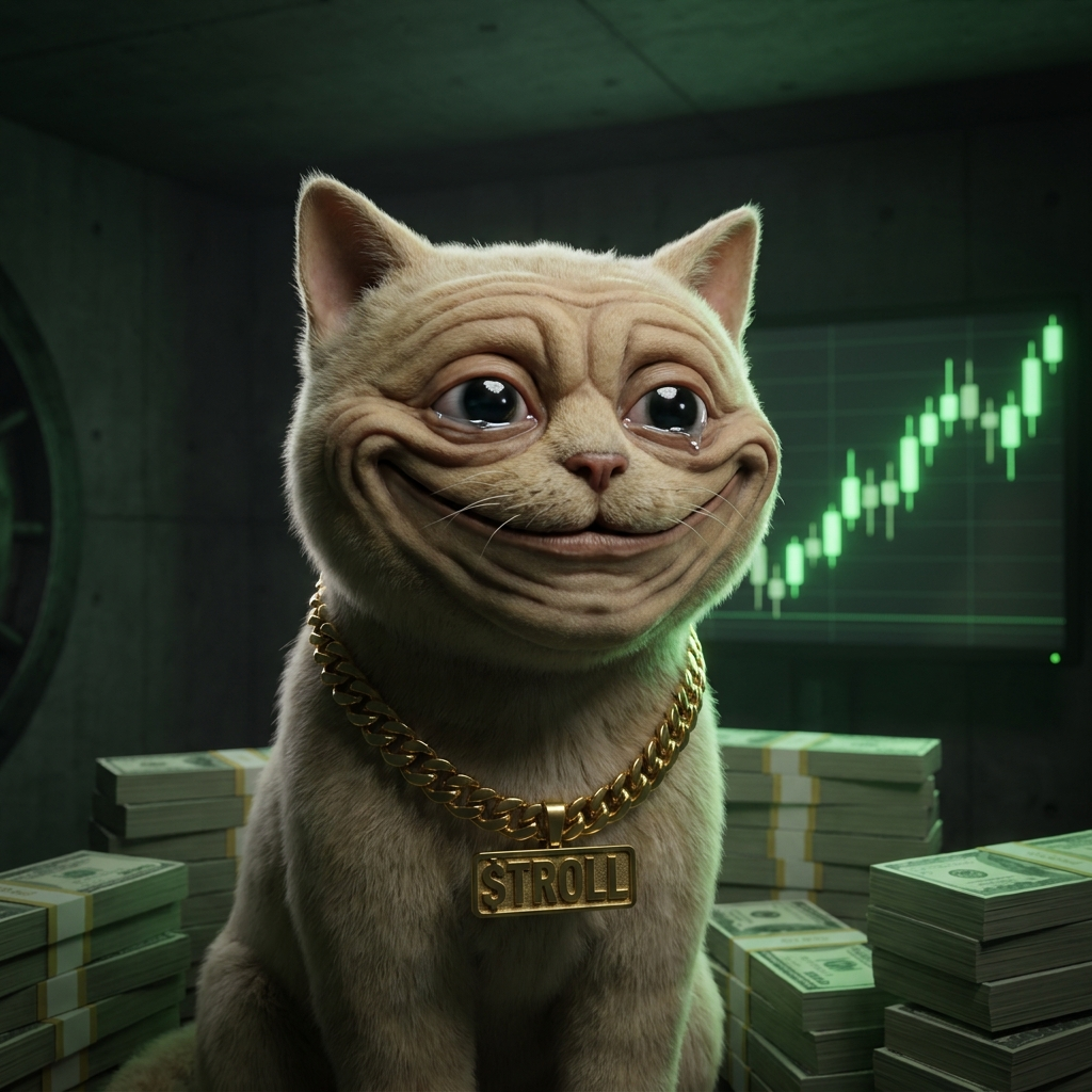Troll Cat — a beige cat with the trollface grin, wearing a gold $TROLL chain, sitting on stacks of cash in front of a green candlestick chart