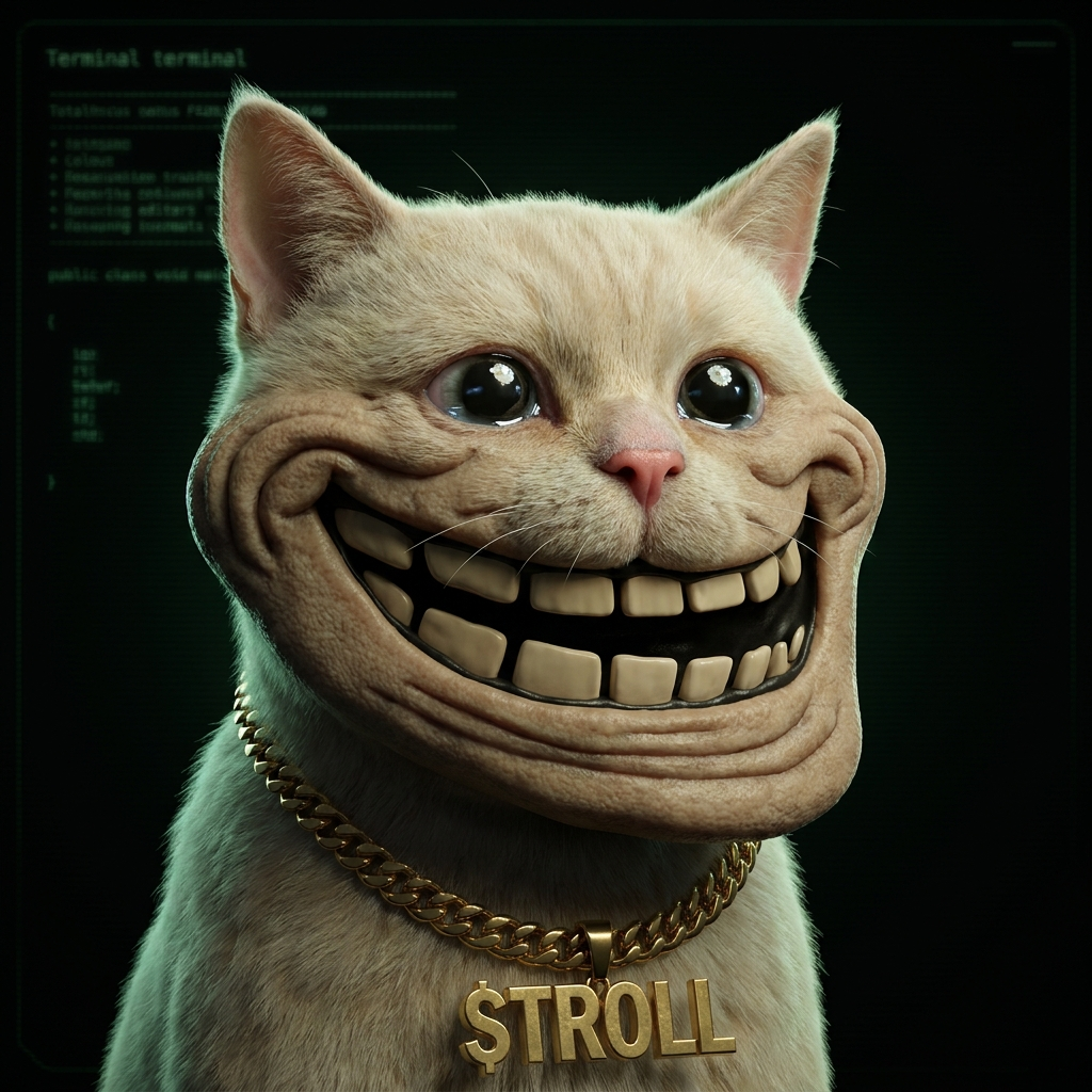 Close-up of the Troll Cat grin with a gold $TROLL chain