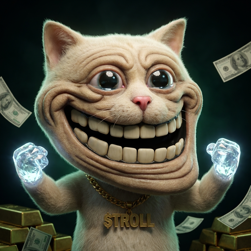 Troll Cat with glowing diamond hands and gold bars