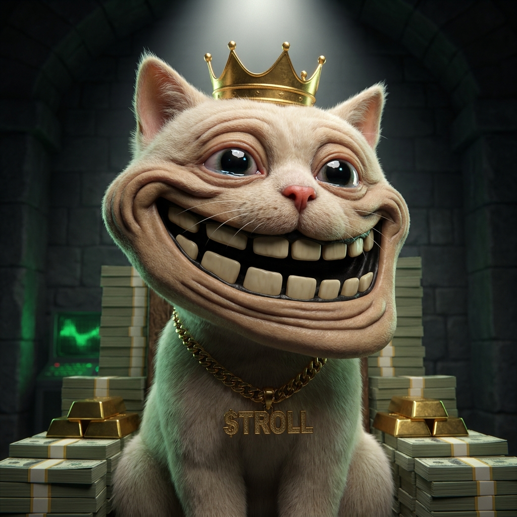 Troll Cat wearing a crown on a throne of cash and gold