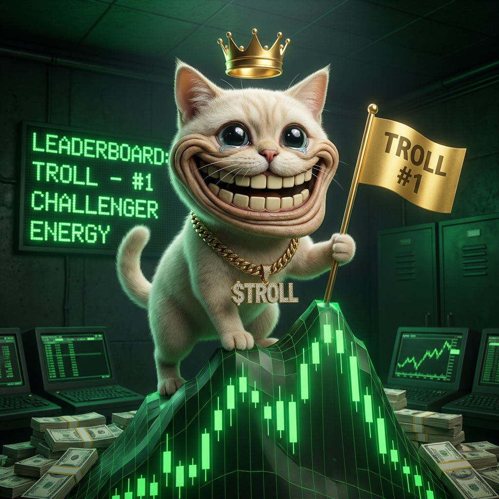 Troll Cat planting a gold TROLL #1 flag on top of a green candlestick mountain